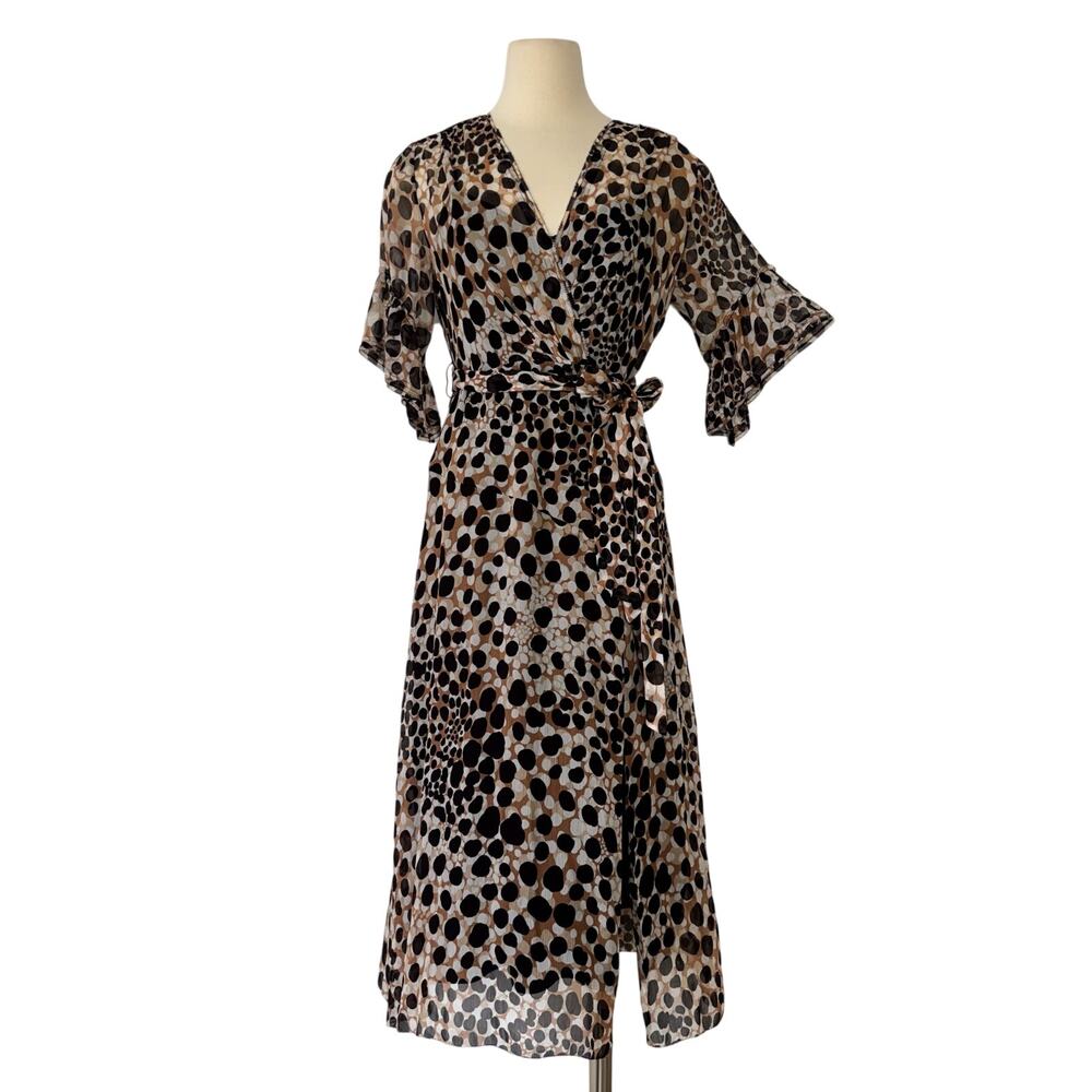 Elie Tahari Ava Silk Midi Dress V-Neckline Black/Brown Cheetah-Print US 6